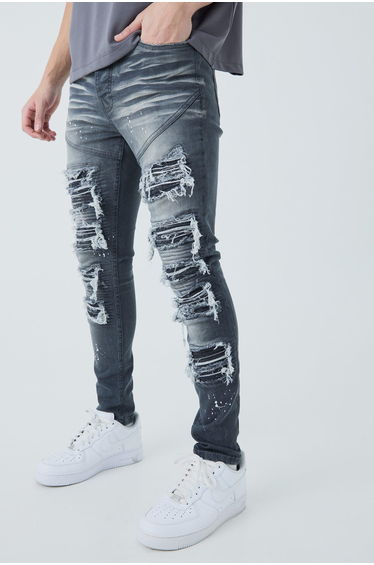 Super Skinny Biker Rip & Repair Paint Splatter Jeans - grey