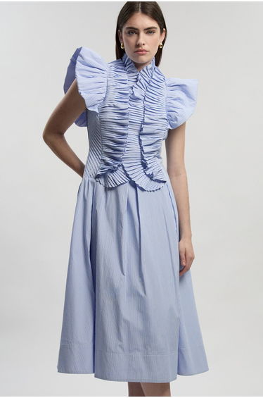 Stripe Pleated Ruffle Sleeve Woven Dress