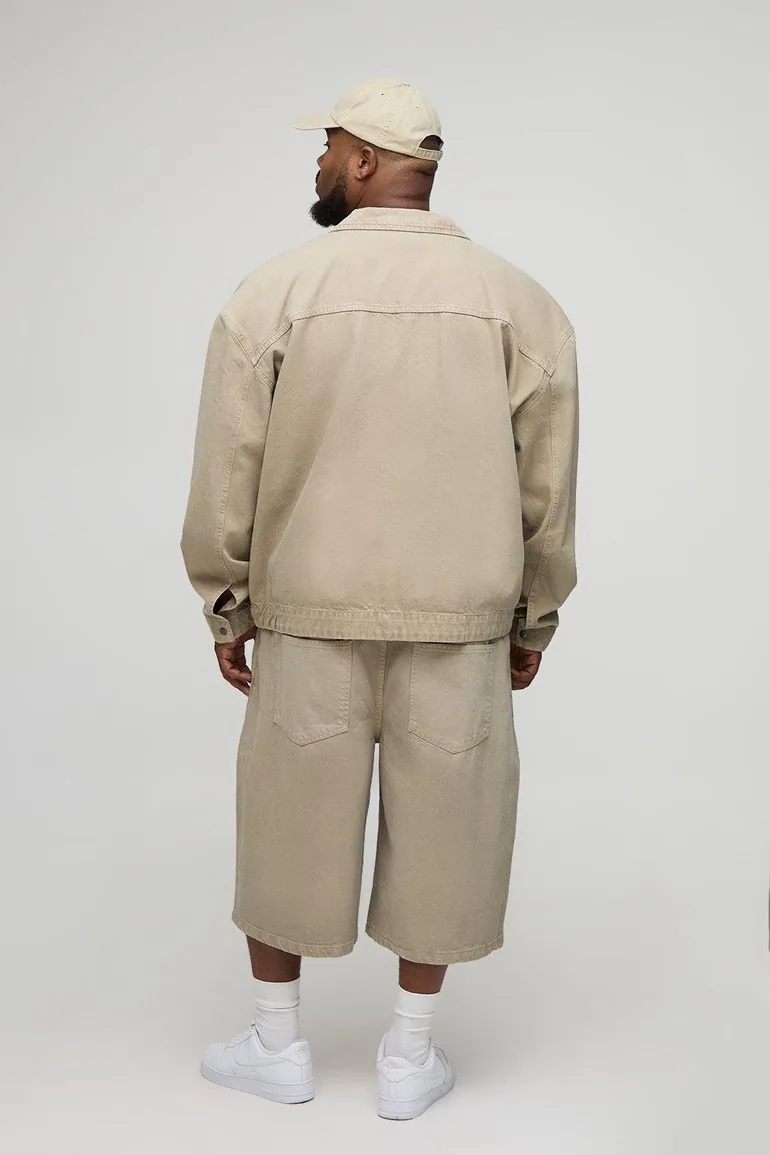 Plus Oversized Washed Zip Up Denim Overshirt - washed khaki - 1