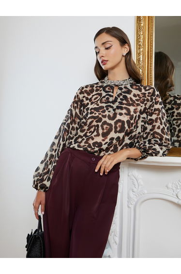 Women Brown Leopard Print Long Sleeve Blouse
