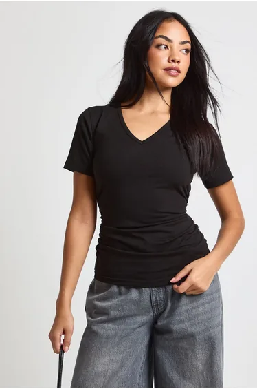 V Neck Ruched Waist Short Sleeve T-Shirt - black