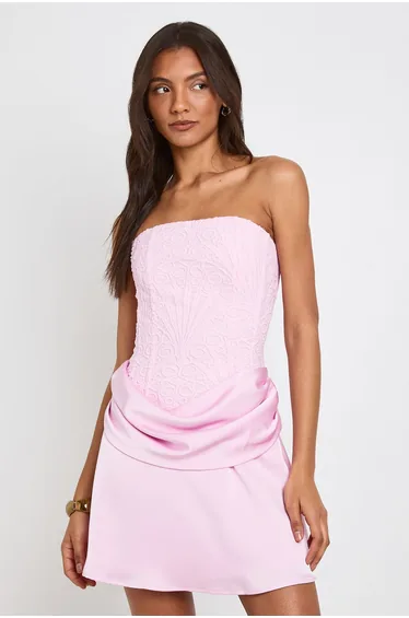 Tall Textured Sheer Floral Lace Corset Drape Mini Dress - baby pink