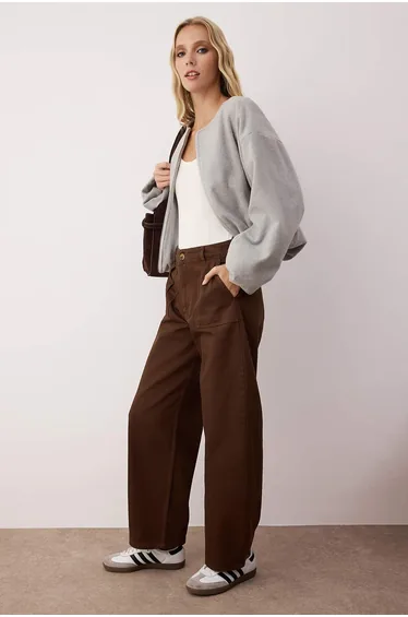 بنطلون قطن بشكل إسطواني - بني