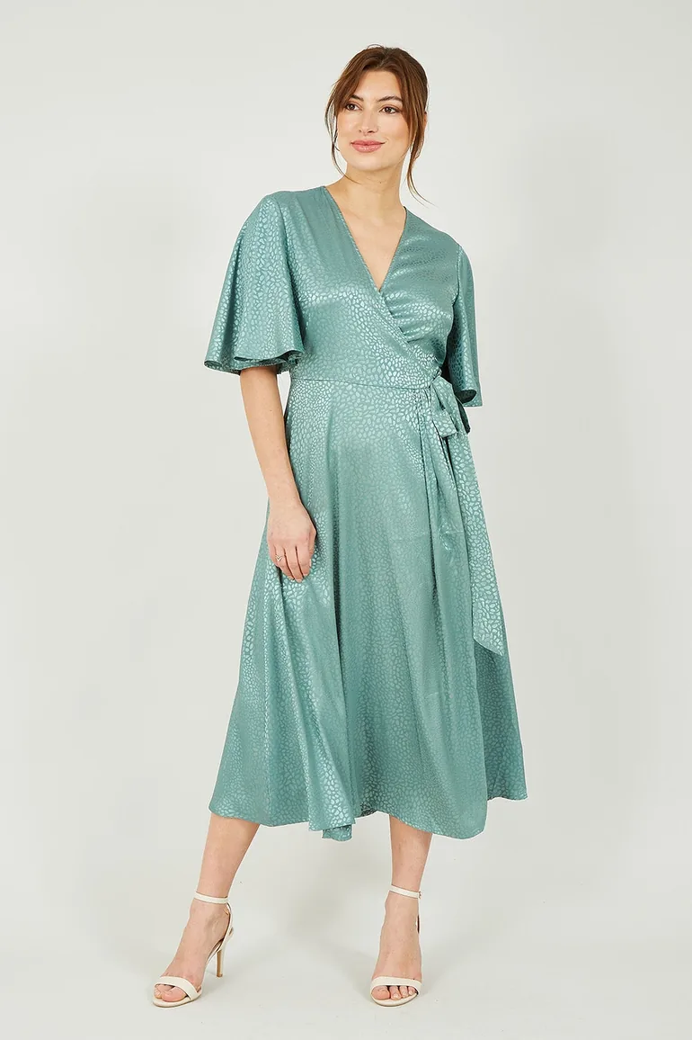 green leopard wrap dress Threadbare Women's Green Leopard Print Frill Hem Ladies' Midi Wrap Dress
