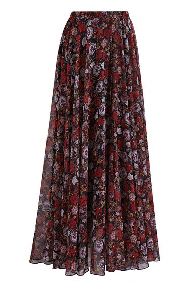 Midnight Red Botanical Print Chiffon Maxi Skirt