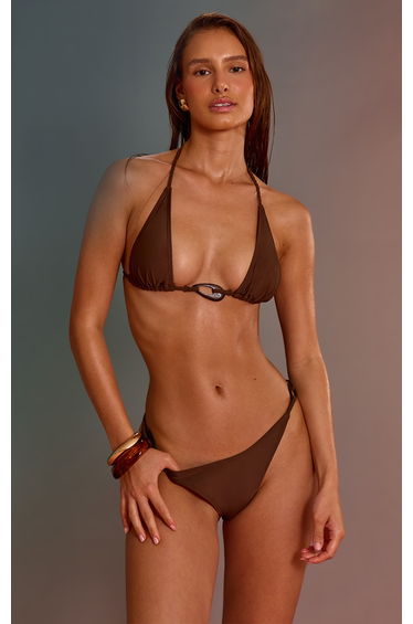 Chocolate Plaited Wood Ring Detail Triangle Bikini Top