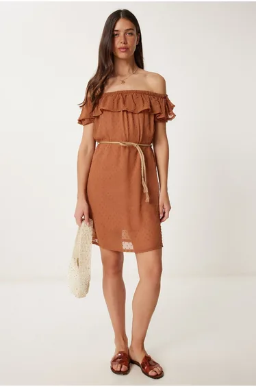 Women's Taba Carmen Collar Polka Dot Textured Chiffon Dress