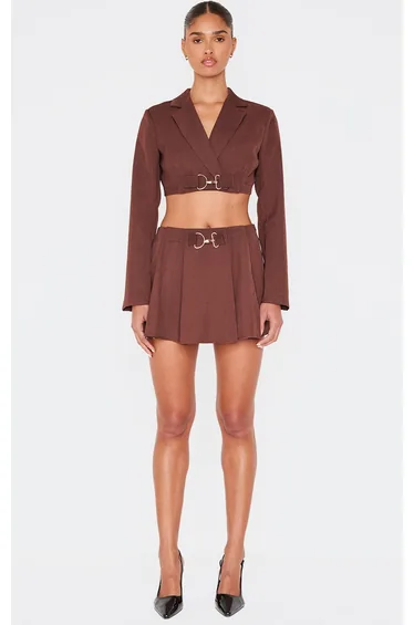 Chocolate Tailored Woven Buckle Detail Pleated Micro Mini Skirt