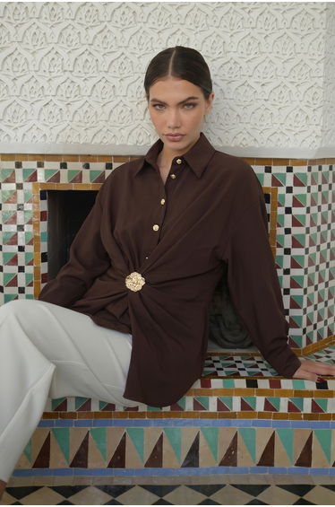 Brown Oversize Terrycotton Plain Woven Top & Bottom Hijab Shirt