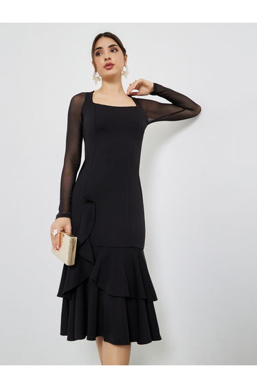 Black Mesh Long Sleeves Mermaid Hem Midi Dress