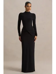 فستان ماكسي بتفصيلة ملتفة بياقة عالية - أسود