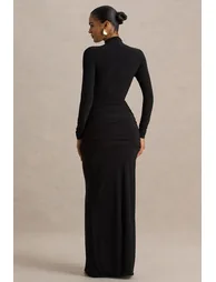 فستان ماكسي بتفصيلة ملتفة بياقة عالية - أسود - 1