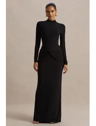 فستان ماكسي بتفصيلة ملتفة بياقة عالية - أسود - 4