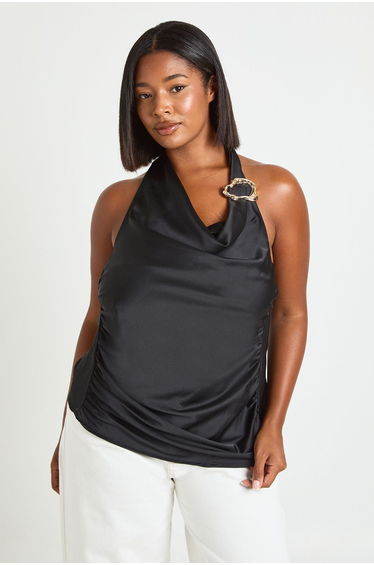 Plus Gold Trim Halter Satin Top - black