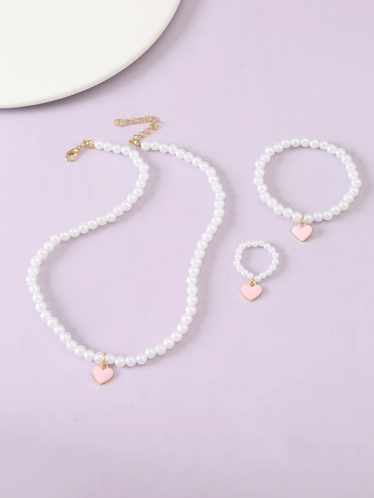 Girls Heart Charm Beaded Necklace, Bracelet and Ring Set - 3