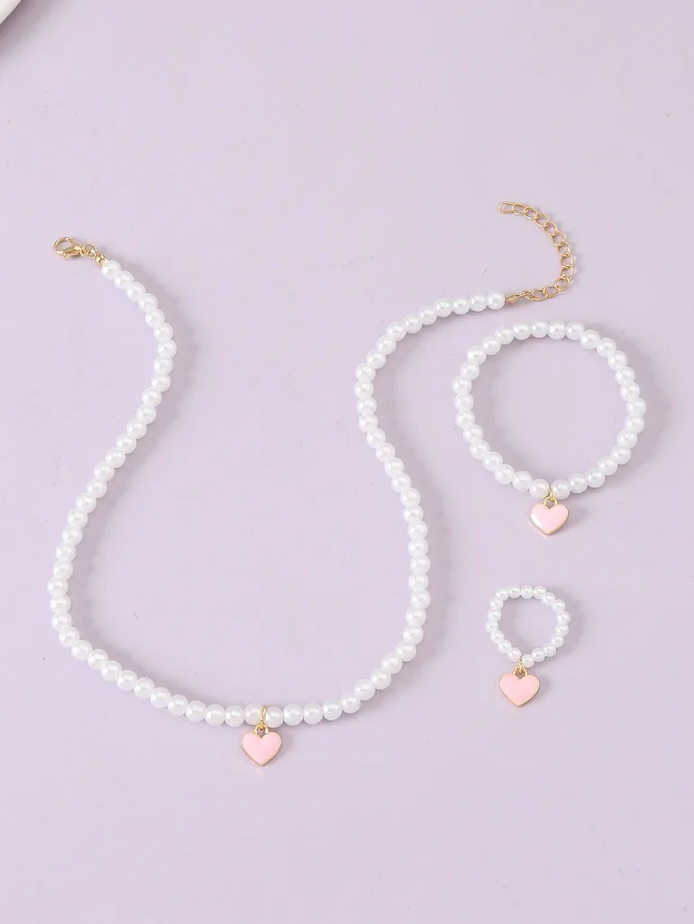 Girls Heart Charm Beaded Necklace, Bracelet and Ring Set - 1