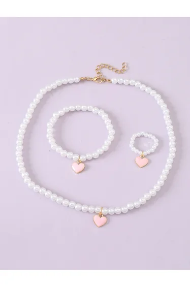 Girls Heart Charm Beaded Necklace, Bracelet and Ring Set