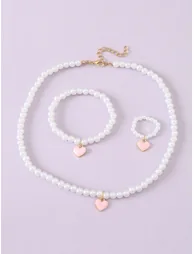 Girls Heart Charm Beaded Necklace, Bracelet and Ring Set