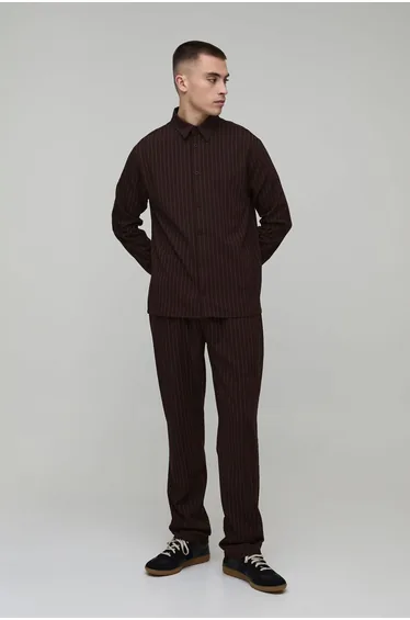 Pinstripe Regular Shirt & Straight Leg Trouser Set - chocolate