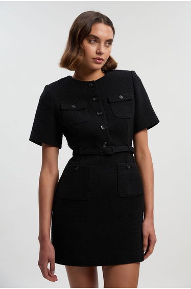 Textured Tweed Belted Tailored Mini Dress