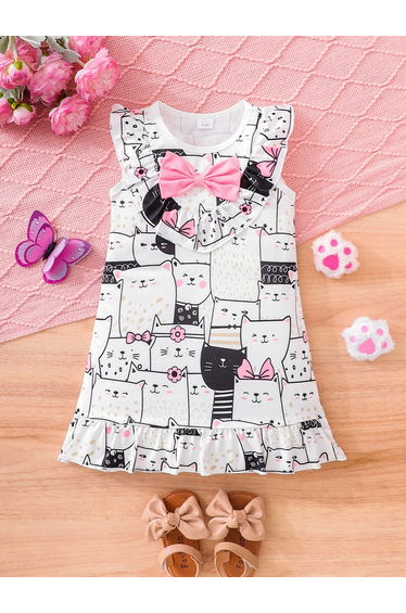 Girls Graphic Print Sleeveless Ruffle Hem Dress