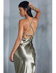 Metallic Satin Cowl Neck Neck Split Leg Maxi Dress - 3