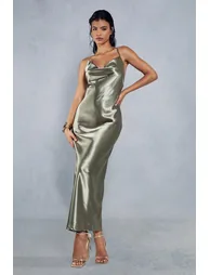 Metallic Satin Cowl Neck Neck Split Leg Maxi Dress