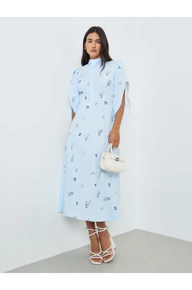 فستان ميدي بتصميم بشكل A بأزرار بطبعة أزهار - أزرق