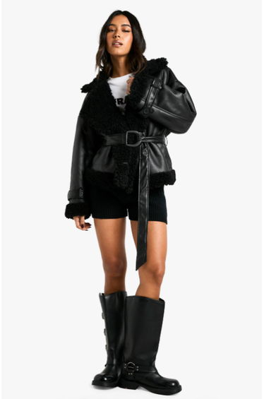 Luxe Teddy Trim Belted Aviator Jacket - Black