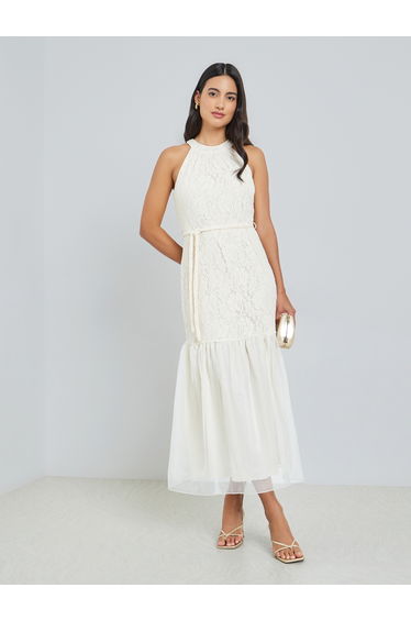 Off-White Lace Sleeveless Ruffled Hem Maxi Dress
