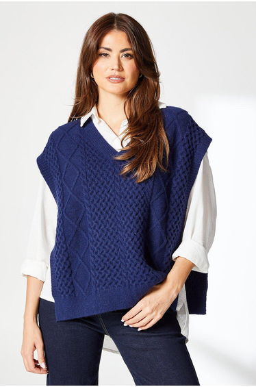 Cable V Neck Knitted Tabard - navy