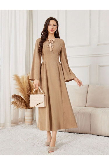 Women Beige Tie-Up Neck A-Line Maxi Dress