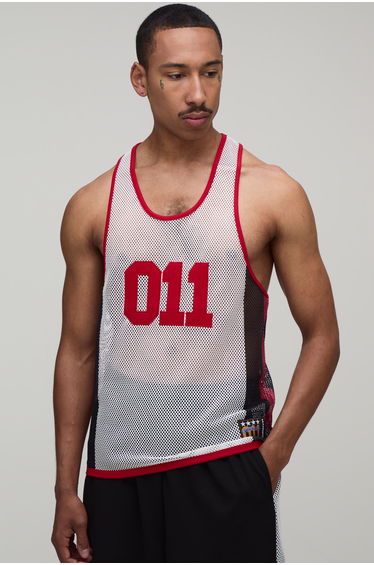 Regular Fit Netted 011 Applique Racer Vest - white