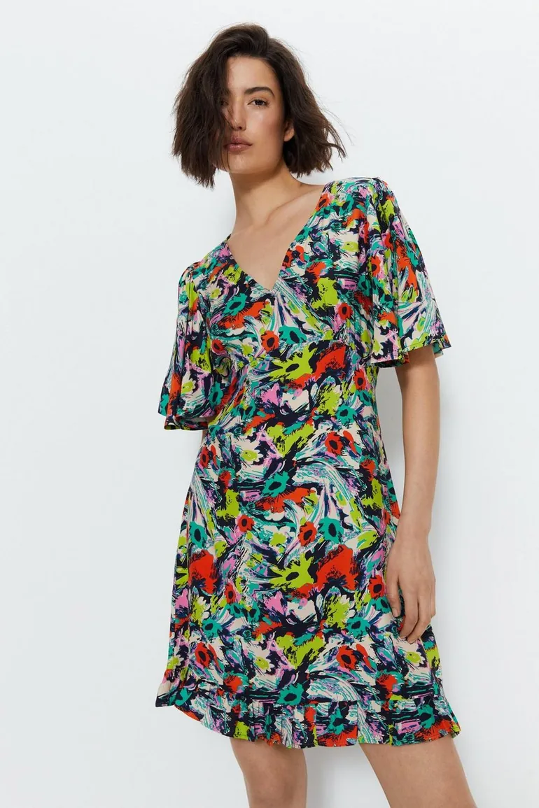 Floral Plunge Angel Sleeve Mini Dress - 1