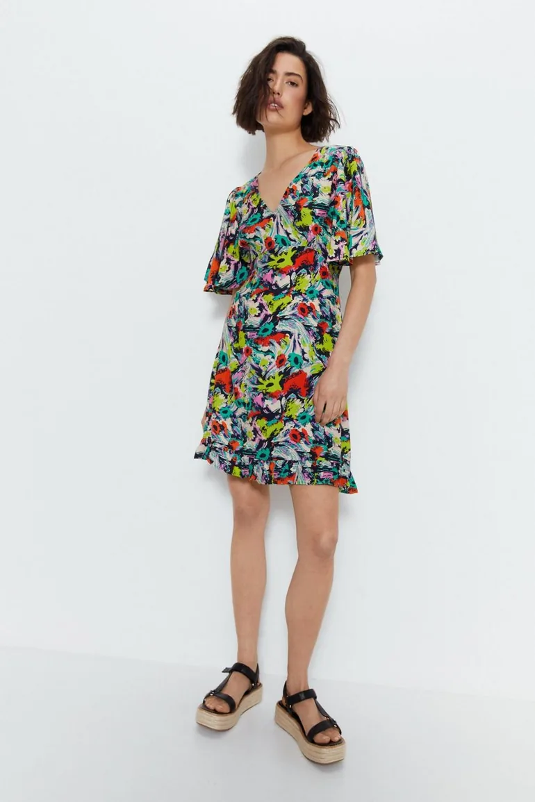 Floral Plunge Angel Sleeve Mini Dress