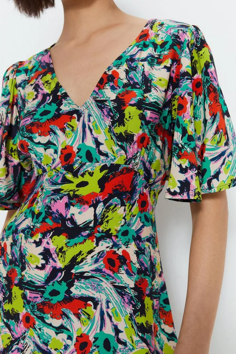 Floral Plunge Angel Sleeve Mini Dress - 2
