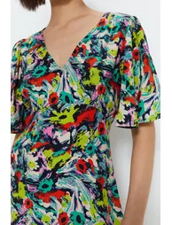 Floral Plunge Angel Sleeve Mini Dress - 2