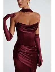 Marilou Burgundy Ruched Satin Maxi Dress - 3