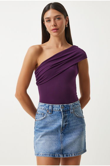 Women's Purple One Shoulder Gathered Knitted Blouse