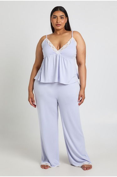 Plus Babydoll Pyjama Top And Trouser Set - sky blue
