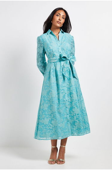 Petite Floral Organza Belted Midi Dress