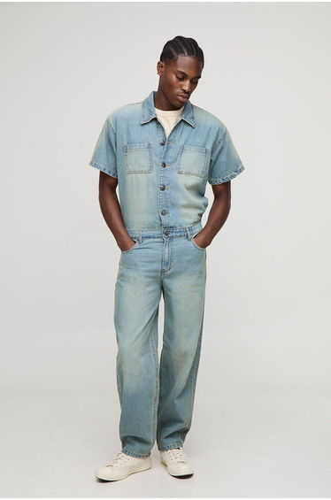 Short Sleeve Relaxed Washed Denim Boilersuit - antique blue