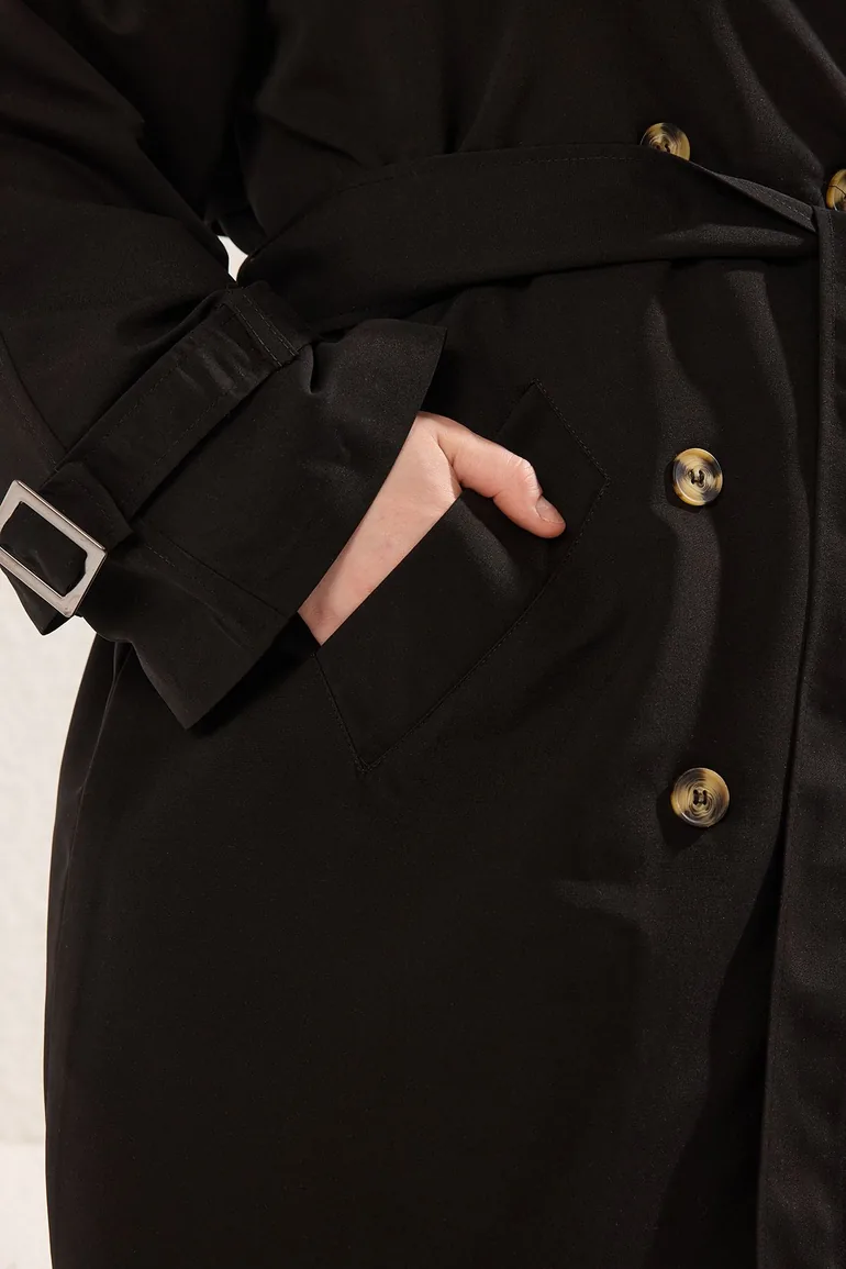 Black Long Oversize Plus Size Trench Coat - 3
