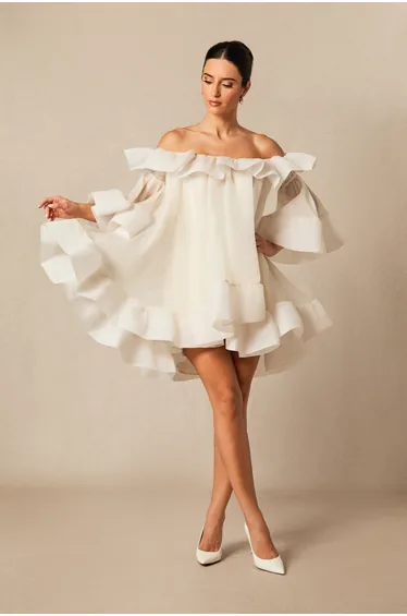 leona half sleeve frill trim dress leaf embroidered white Alba Frill Trim Midi Dress White main image 0