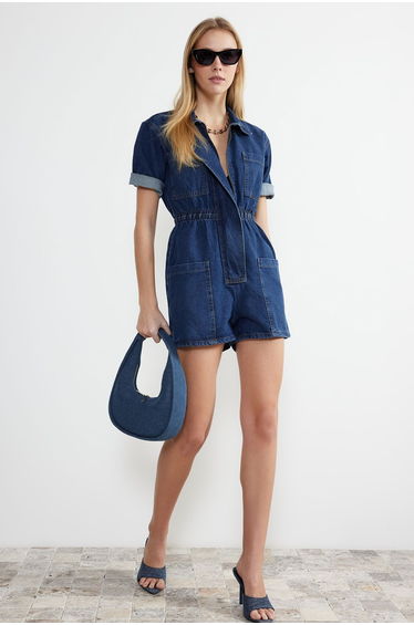 Dark Blue Elastic Waist Denim Shorts Overalls