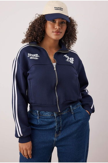 Navy blue crop boy college themed striped front zipper plus size sweatshirt