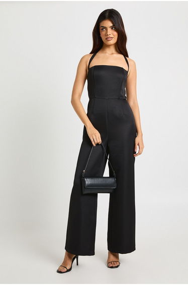 Premium Satin Boned Corset Halterneck Wide Leg Jumpsuit - black
