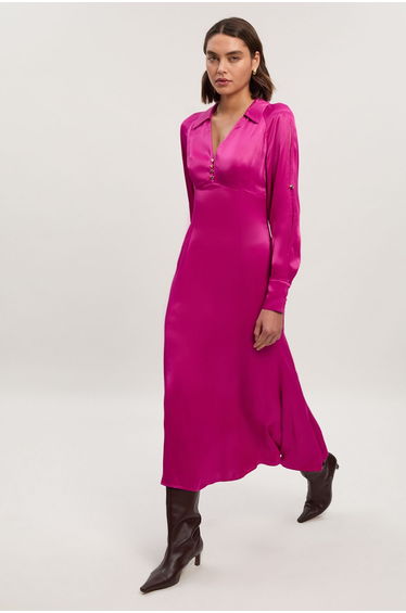 Viscose Satin V Neck Long Sleeve Woven Midi Dress