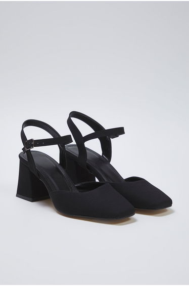 Black Ankle Strap Square Toe Women Block Heels Shoes