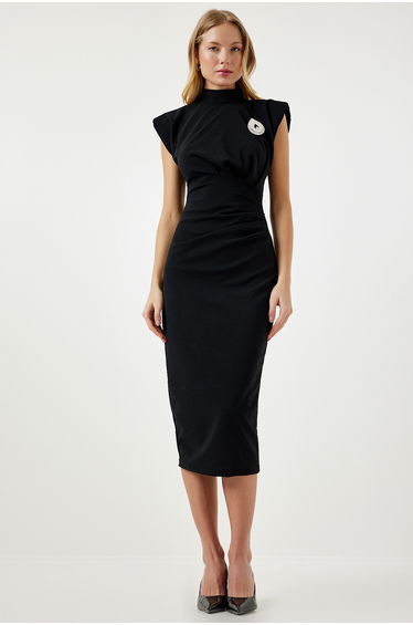 Women's Black Elegant Brooch Gathered Wrap Knitted Dress
